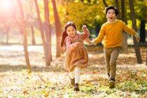 Очаровательные счастливые азиатские дети, бегущие вместе в осеннем лесу — стоковое фото