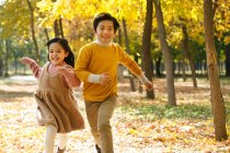 Чарівні щасливі азіатські діти посміхаються на камеру і бігають разом в осінньому лісі — стокове фото