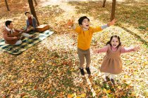 High angle view of adorable happy children playing with autumn leaves and parents resting on plaid with guitar and picnic basket in park — Stock Photo
