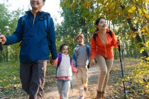 Happy young asian family with backpacks and trekking sticks walking together in autumn forest — Stock Photo