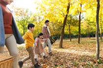 Обрезанный снимок счастливой молодой азиатской семьи, держащейся за руки и идущей вместе в осеннем лесу, вид сбоку — стоковое фото
