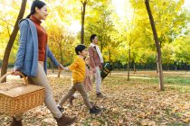 Famiglia felice con cestino da picnic che si tiene per mano e cammina nella foresta autunnale — Foto stock