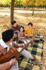 Vista de ángulo alto del padre tocando la guitarra y la familia feliz sentado a cuadros en el parque de otoño - foto de stock
