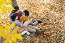 High angle view of smiling asian mother reading book to daughter and son near tree in autumnal park — Stock Photo