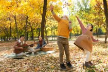 Прелестные счастливые дети играют с осенними листьями, в то время как родители сидят с гитарой в парке — стоковое фото