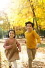 Adorable happy brother and sister running together in autumn forest — Stock Photo