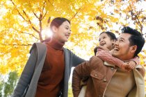 Tiefansicht des glücklichen asiatischen Vaters, der Tochter Huckepack im herbstlichen Park gibt — Stockfoto