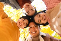 Вид знизу щасливої молодої азіатської сім'ї з двома дітьми, що стоять разом і посміхаються на камеру в осінньому лісі — стокове фото
