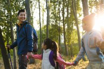 Glücklicher Vater hält Händchen und geht mit Kindern im Park spazieren — Stockfoto