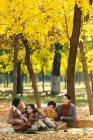 Happy young asian family sitting on plaid and enjoying guitar during picnic in park — Stock Photo