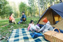 Crianças adoráveis brincando perto da tenda e pais felizes sentados em cadeiras na floresta — Fotografia de Stock