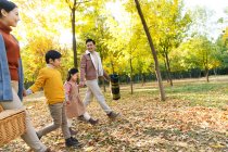 Vista lateral de la feliz familia asiática joven con dos niños tomados de la mano y caminando en el picnic en el parque de otoño - foto de stock