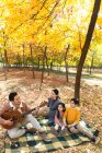 Високий кут зору щасливої сім'ї, що проводить час з гітарою в осінньому парку — стокове фото