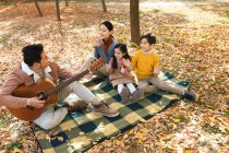 Blick aus der Vogelperspektive auf einen lächelnden Vater, der Gitarre spielt, und eine glückliche Familie, die auf kariertem Plaid im Park sitzt — Stockfoto