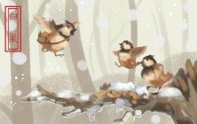 Creative illustration of cute brown birds on tree branch in winter forest — Stock Photo
