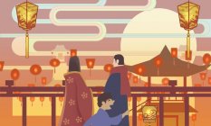Kreative Darstellung von Menschen und beleuchtete traditionelle chinesische Laternen — Stockfoto