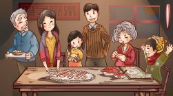 Новорічна ілюстрація з щасливою сім'єю готує пельмені — стокове фото