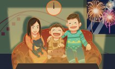 Красивая творческая иллюстрация счастливой семьи, смотрящей телевизор по ночам, новогодняя концепция — стоковое фото