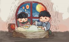 The Lantern Festival illustration with children eating dumplings — Stock Photo