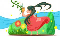 Hermosa ilustración creativa de chica con tijeras de corte de hojas verdes en primavera - foto de stock