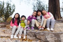 Cinco adorable asiático niños sentado en piedras y mirando cámara en otoñal parque - foto de stock