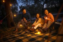 Drei asiatische Freunde sitzen auf einer Decke mit Ukulele und blicken in die Kamera im herbstlichen Abendwald — Stockfoto