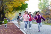 Cinco adorable asiático niños corriendo en camino en otoñal parque - foto de stock