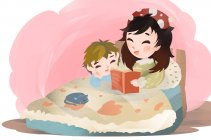 Feliz madre leyendo libro a niño mientras están acostados juntos en la cama - foto de stock