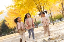Tres adorable feliz asiático niños corriendo en otoñal parque - foto de stock
