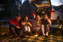 Quatro sorrindo asiático amigos sentado perto de carro e olhando para câmera no outonal noite floresta — Fotografia de Stock