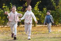 Crianças felizes brincando juntos e correndo no prado no parque de outono — Fotografia de Stock