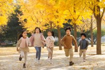 Fünf entzückende asiatische Kinder laufen im herbstlichen Park — Stockfoto
