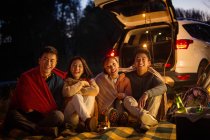 Vier lächelnde asiatische Freunde sitzen in der Nähe des Autos und schauen in die Kamera im herbstlichen Abendwald — Stockfoto