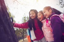 Tres adorable asiático niños abrazando y mirando lupa en otoñal parque - foto de stock