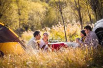 Quatre asiatiques amis boire thé et parler à camping place dans la forêt automnale — Photo de stock