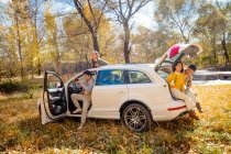 Чоловічі та жіночі азіатські друзі сидять в машині в автентичному лісі — стокове фото