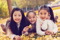 Trois adorables enfants asiatiques couchés sur feuillage jaune et tenant des feuilles dans le parc automnal — Photo de stock