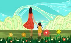 Creative illustration of mother and daughter holding hands while standing on green meadow — Stock Photo