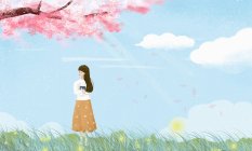 Красивая иллюстрация молодой женщины на лугу и цветущее дерево весной — стоковое фото