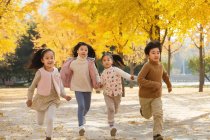 Crianças felizes brincando juntos e correndo no prado no parque de outono — Fotografia de Stock