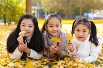 Три очаровательных азиатских ребенка лежат на желтой листве и держат листья в осеннем парке — стоковое фото