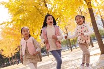 Três adorável feliz asiático crianças correndo no outonal parque — Fotografia de Stock