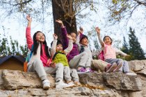 Fünf entzückende glückliche asiatische Kinder sitzen mit erhobenen Händen auf Steinen im herbstlichen Park — Stockfoto
