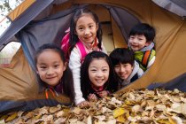 Fünf entzückende asiatische Kinder blicken aus einem Zelt im herbstlichen Park in die Kamera — Stockfoto