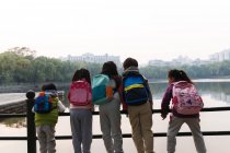 Vista trasera de cinco niños apoyados en una valla cerca del río en el parque otoñal - foto de stock