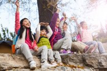 Fünf entzückende glückliche asiatische Kinder sitzen mit erhobenen Händen auf Steinen im herbstlichen Park — Stockfoto
