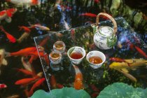 Vista de cerca del juego de té servido en la superficie de vidrio en el estanque con peces de colores - foto de stock