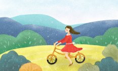 Молода жінка їде на велосипеді надворі. — стокове фото