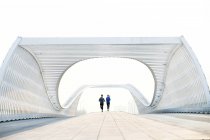 Повний вигляд молодого спортсмена і спортсмена, що біжить разом на сучасному мосту — стокове фото