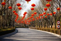 Lanternas chinesas vermelhas tradicionais penduradas acima da estrada — Fotografia de Stock